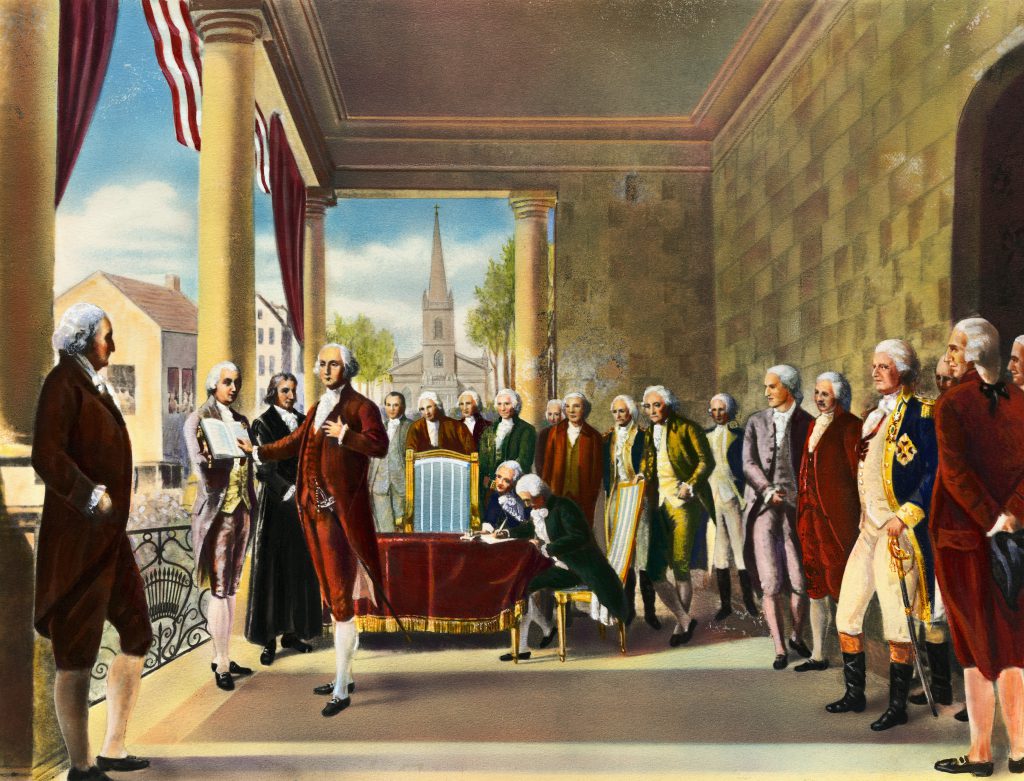 George Washington is shown taking the oath of office of Federal Hall. Undated color illustration.